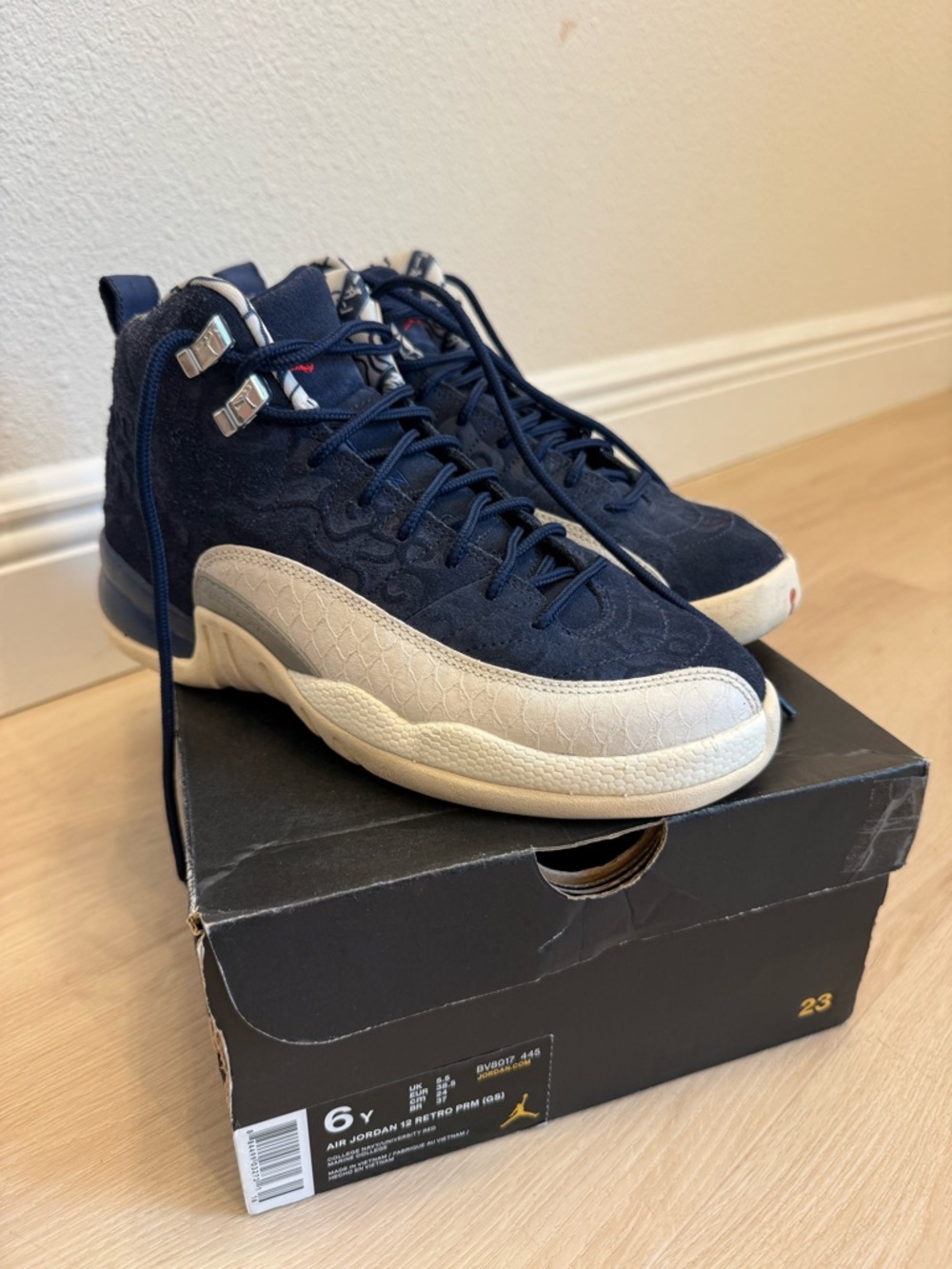 Air Jordan 12 Retro PRM Navy Sail 6Y Japanese Script